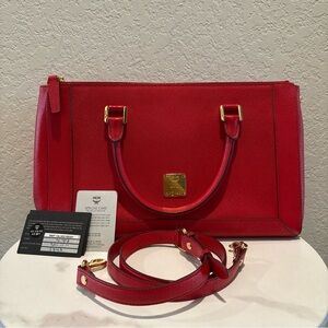 MCM Red Leather Tote Handbag With Strap
